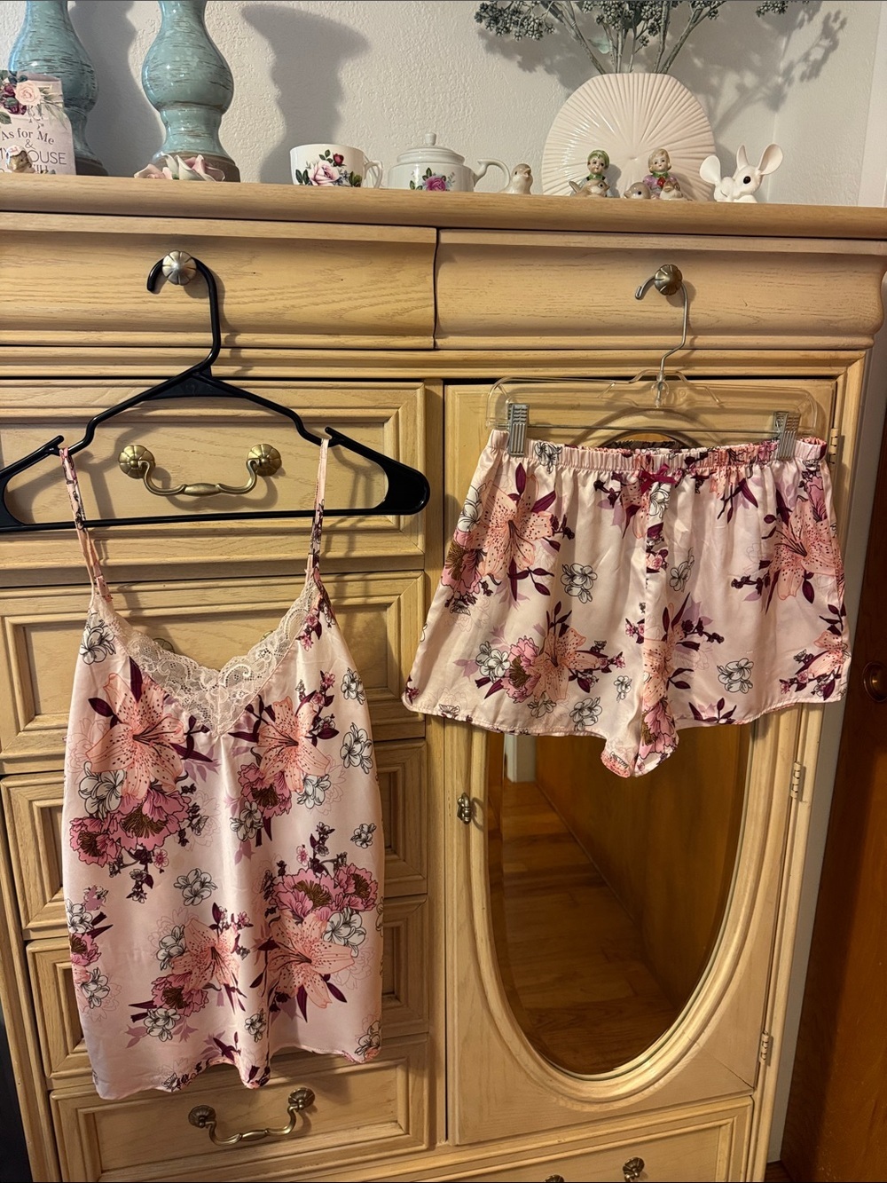 Floral Lace-Trim Pink Satin Camisole & Shorts Sleep Set